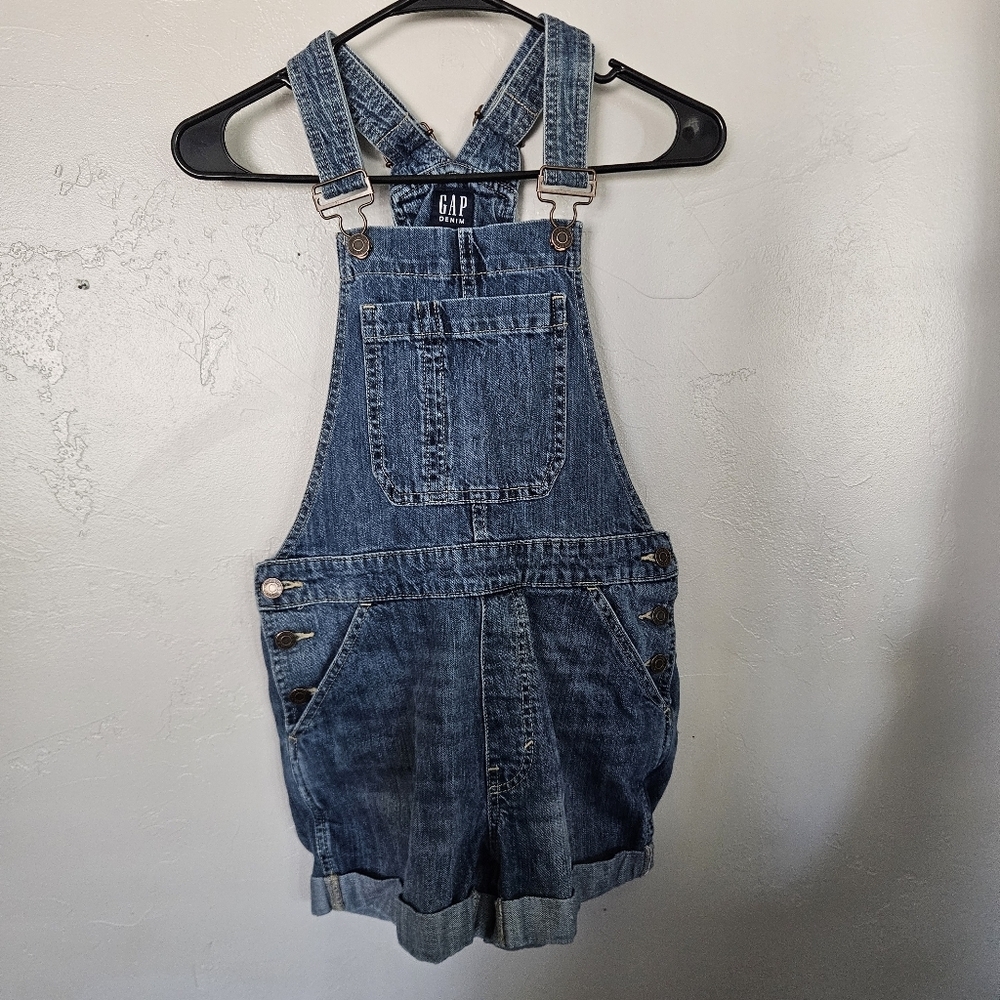 GAP Denim Overalls Women's XS Medium Wash Jeans Shortalls Cuffed Hem